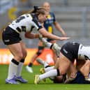 Leeds Rhinos' Ruby Enright is tackled during the Women's Super League semi-final defeat by York Valkyrie. Picture by Callum Pilkington/SWpix.com.
