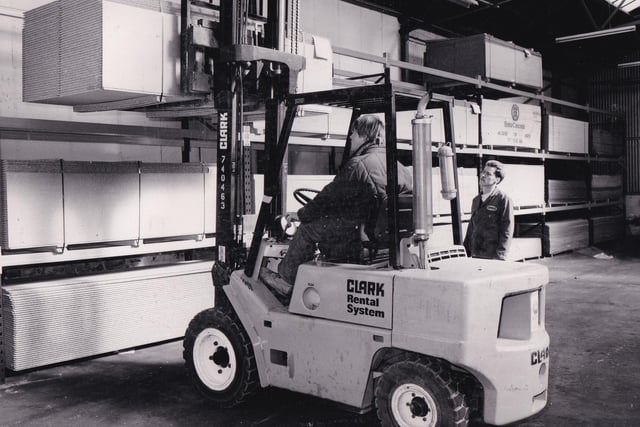 Inside the Hunslet depot of Crossley's builders' supplies in April 1985.