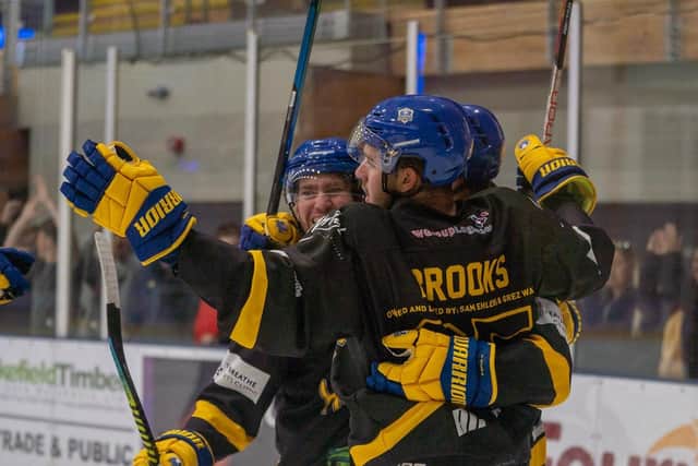 CHEMISTRY: Grant Cooper (left) and Zach Brooks celebrate Cole Shudra's goal in the opening night 7-4 win against Telford Tigers. Picture courtesy of Oliver Portamento.