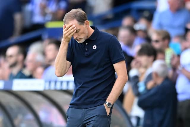 LEEDS, ENGLAND - AUGUST 21: Thomas Tuchel, Manager of Chelsea reacts after Rodrigo Moreno of Leeds United scores their team's second goal  during the Premier League match between Leeds United and Chelsea FC at Elland Road on August 21, 2022 in Leeds, England. (Photo by Michael Regan/Getty Images)