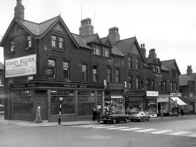 A parade of shops and businesses on Beeston Road. Pictured, from left, is the Midland Bank, Forster & Colliers, television engineers, G Broadbent, greengrocer, Middleton & Hargreaves, butchers who also had a stall in Butcher's Row in Kirkgate Market. Then is White Rose Cleaners and at the corner of Marquis Street is Gallons Ltd, grocers.