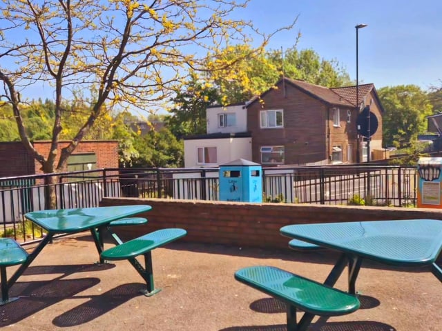 The new picnic benches at The Gaunt shopping precint in Gleadless Valley, looking towards Blackstock Road