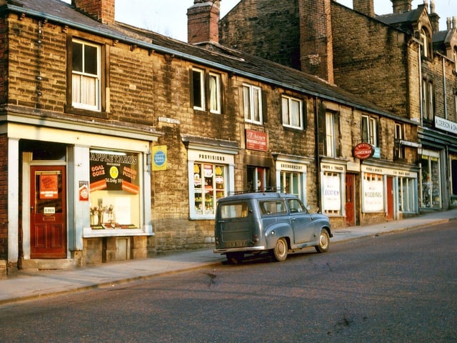 These were the oldest shops in Queen Street still standing when this photograph was taken in April 1965. Nearest to the Liberal Club is Appleyard's (formerly Middlebrook and Philpott, Coal Merchants), then comes Joiners, Green Grocery provisions, then Webster's Off-licence and a little wool shop, with the household furnishings of Alderson and Dacre joining on to the end of this old row.