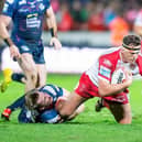 Alfie Edgell tackles Hull KR's Jai Whitbread during his full debut three months ago. Picture by Allan McKenzie/SWpix.com.