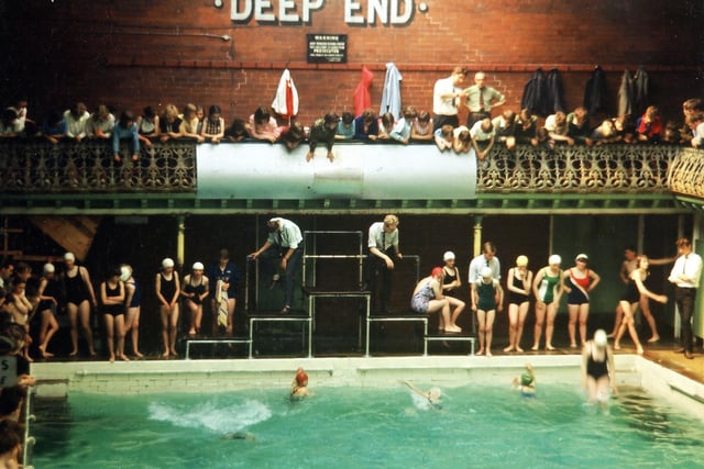 Woodkirk Secondary School House Swimming Sports at Morley Baths in June 1965.