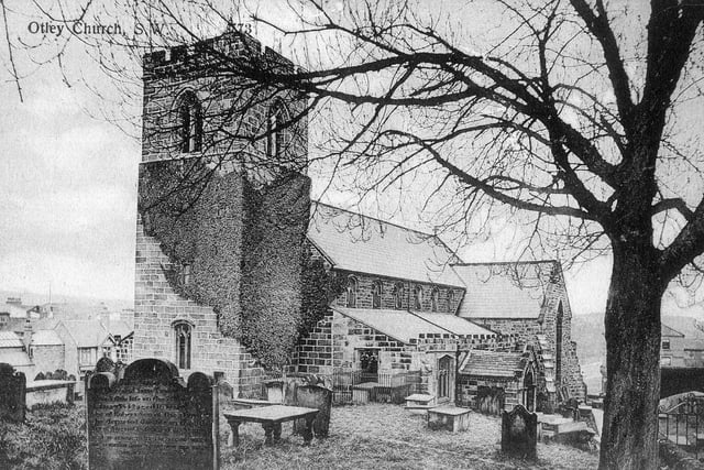 This is a postcard view of All Saint's Church also referred to as Otley Parish Church. There are monuments to the Fawkes family and in the churchyard and a scale model of the Bramhope tunnel can be found.
