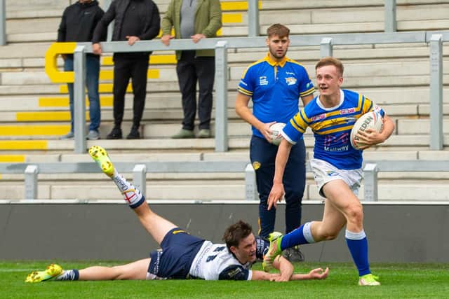 Alfie Edgell, pictured playing for Rhinos' under-18s, has been a teammate of Max Simpson since the under-sixes at Kippax and they are now in Leeds' first team squad together. Picture by Craig Hawkhead/Leeds Rhinos.
