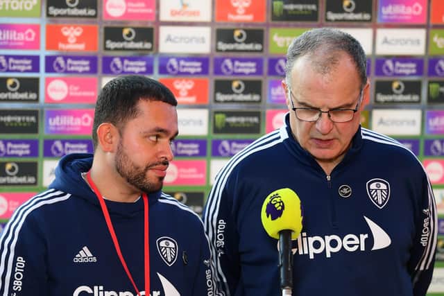 SOUTHAMPTON, ENGLAND - OCTOBER 16: Translator Andres Clavijo and Marcelo Bielsa, Manager of Leeds United after the Premier League match between Southampton and Leeds United at St Mary's Stadium on October 16, 2021 in Southampton, England. (Photo by Alex Davidson/Getty Images)