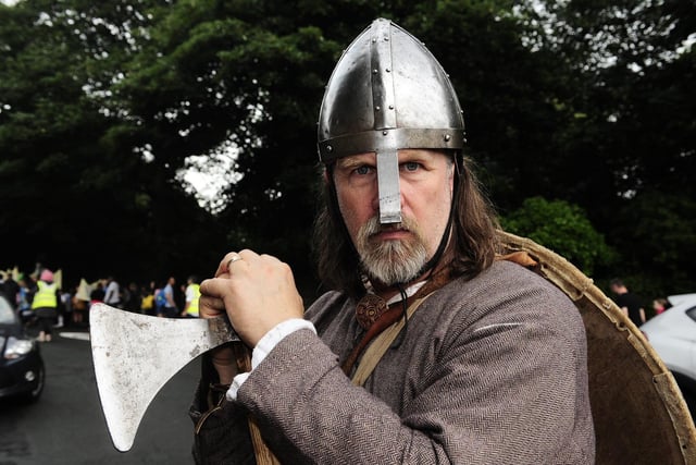 Paddy Hinton of the Ousekjarr Vikings on the parade. (pic by Steve Riding)