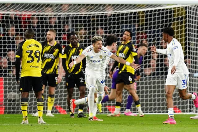 STRIKER'S INSTINCT: From young Leeds United star Mateo Joseph, centre, pictured celebrating his equaliser at Watford. Photo by John Walton/PA Wire.