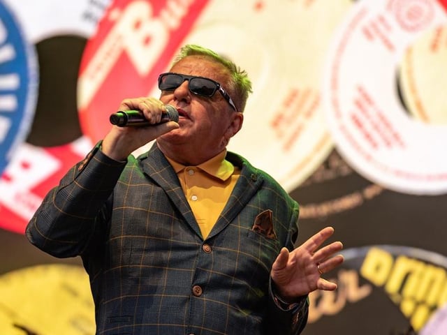 Suggs on stage last night. Photos by Cuffe and Taylor and The Piece Hall
