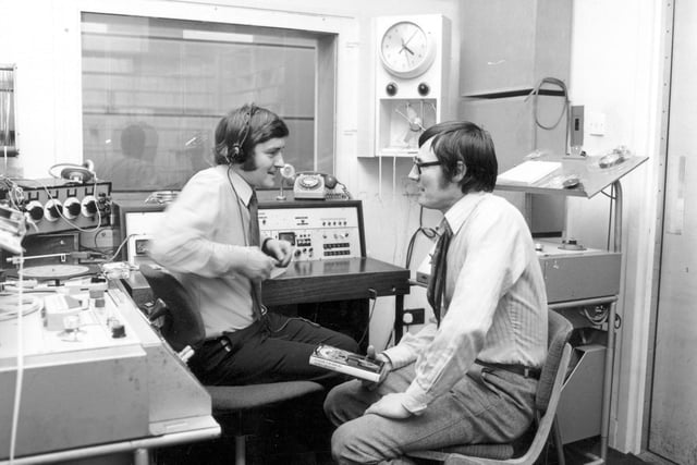 Studio 2 at Radio Leeds in February 1971, which at this time was operating from the Merrion Centre. The interviewer (on the left) is Chris Hawksworth. Also seen in the studio is the writer Harry Patterson, more commonly known as Jack Higgins.