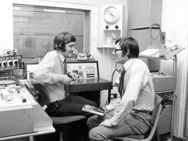 Studio 2 at Radio Leeds in February 1971, which at this time was operating from the Merrion Centre. The interviewer (on the left) is Chris Hawksworth. Also seen in the studio is the writer Harry Patterson, more commonly known as Jack Higgins.
