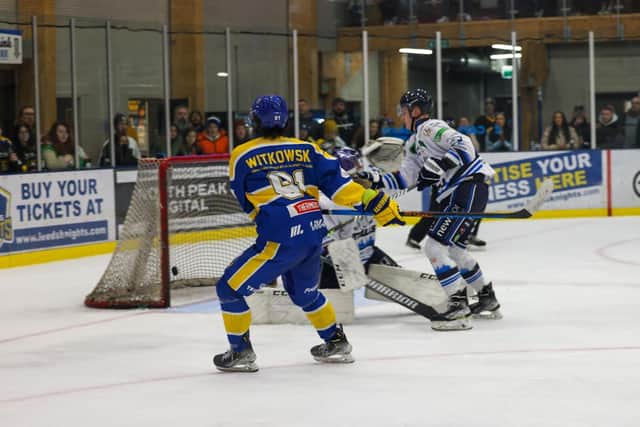 FOR STARTERS: Jake Witkowski fires home his first of the night for Leeds Knights against Bristol Pitbulls at Elland Road, the American import going on to score five goals across both nights against Jamie Elsom's team. Picture courtesy of John Victor.