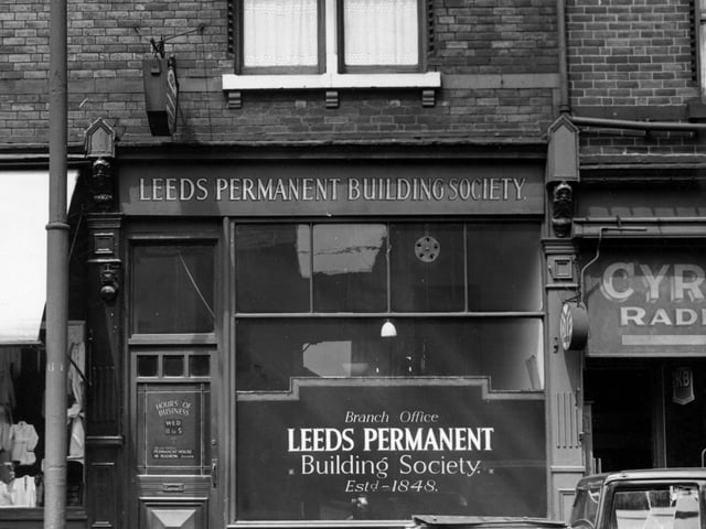 Leeds Permanent Building Society and Cyril Barker radio dealer next door pictured in June 1950.