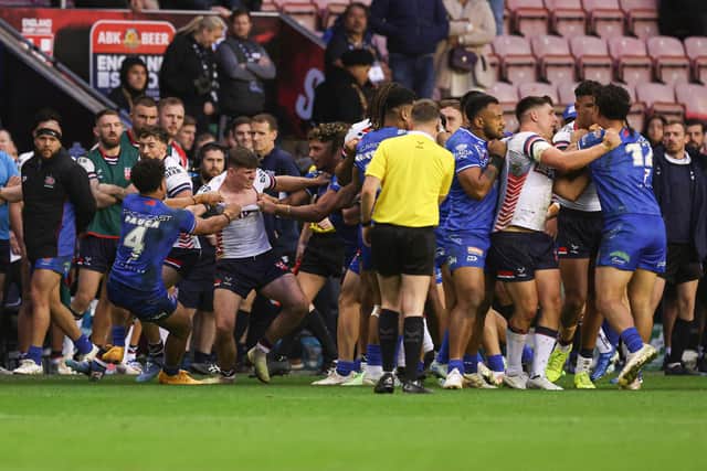Tempers got heated towards the end of England's Test win over Samoa at Wigan. Picture by Paul Currie/SWpix.com.