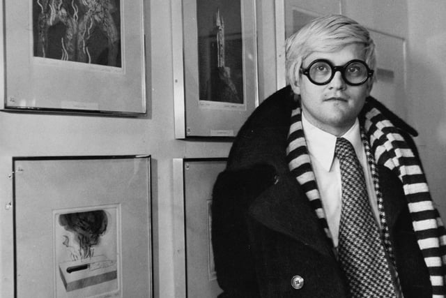 Artist David Hockney is pictured at an exhibition of his work at the Lane Gallery, Bradford in February 1970. He visited his parents in Eccleshill and lectured to university students before returning to London.
