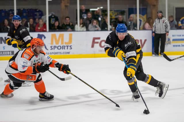 CHIPPING IN: Cole Shudra impressed when scoring three goals across two nights for Leeds Knights on the opening weekend of NIHL National action. Picture courtesy of Oliver Portamento.