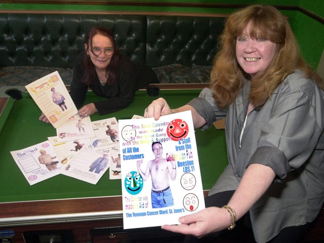 Drinkers at the Golden Lion in Beeston showcase an all-male charity calender they designed in November 2001.