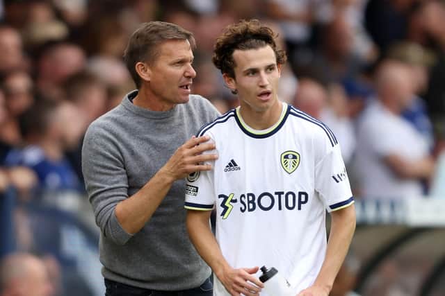 LEEDS, ENGLAND - AUGUST 06:  Leeds manager Jesse Marsch with Brenden Aaronson during the Premier League match between Leeds United and Wolverhampton Wanderers at Elland Road on August 6, 2022 in Leeds, United Kingdom. (Photo by Marc Atkins/Getty Images)