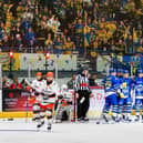 THE ONE: Leeds Knights' players celebrate Matt Bissonnette's game-winning third period strike. Picture: Miles Tidman/Knights Media.