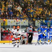 THE ONE: Leeds Knights' players celebrate Matt Bissonnette's game-winning third period strike. Picture: Miles Tidman/Knights Media.