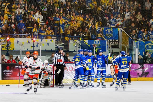 THE ONE: Leeds Knights' players celebrate Matt Bissonnette's game-winning third period strike. Picture: Miles Tidman/Knights Media.