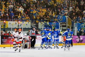THE ONE: Leeds Knights' players celebrate Matt Bissonnette's game-winning third period strike. Picture: Miles Tidman/Knights Media.