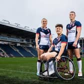 England women’s captain Jodie Cunningham, men’s player Harry Newman and wheelchair skipper Tom Halliwell are seen at Headingley Stadium ahead of this weekend's three Test in Leeds. Picture by Alex Whitehead/SWpix.com.