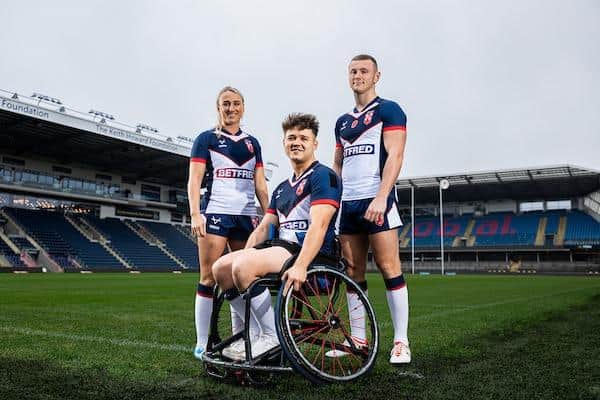 England women’s captain Jodie Cunningham, men’s player Harry Newman and wheelchair skipper Tom Halliwell are seen at Headingley Stadium ahead of this weekend's three Test in Leeds. Picture by Alex Whitehead/SWpix.com.