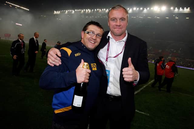 Jason Davidson, left and Brian McDermott after Leeds Rhinos' 2011 Grand Final win against St Helens at Old Trafford. Picture by Vaughn Ridley/SWpic.com.