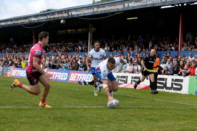 Max Jowitt, seen scoring against Wigan last month, is another player of Trinity's injury list. Picture by James Hardisty.
