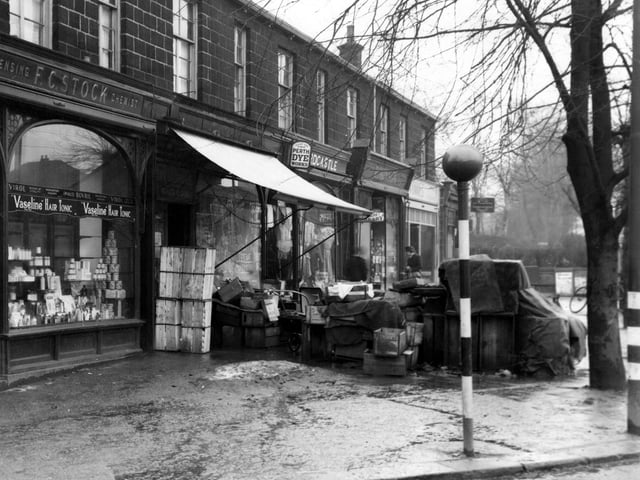 Shops on Otley Road pictured in March 1947. From left are 'F.C.Stock Chemist', 'J.T.Baxendale, Greengrocers', Dorothy Hardcastle, Nurse and 'Rose Hardcastle, Fancy Draper', A.Robinson, Stationer', 'Yvonnes Bakers'.
