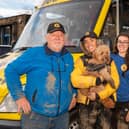 Ray Weldrand, Laura Mohan, Lily Forsyth, and Billy the Dog with Billy's Bus, a dog walking service that has gone viral for its quirky method of transporting the dogs to their field.