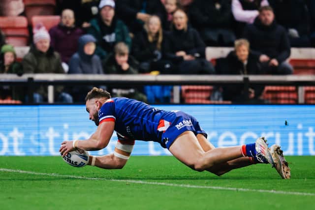 Mike McMeeken scores for Wakefield Trinity during their win at Leigh Leopards in March. Picture by Alex Whitehead/SWpix.com.