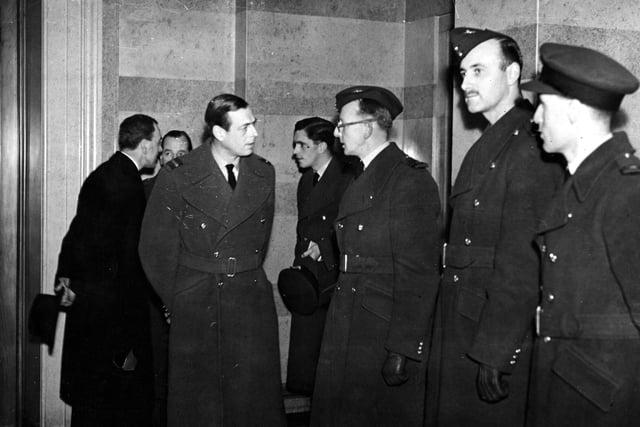 HRH George, Duke of Kent is pictured at Leeds Civic Hall in January 1942 with members of Leeds ATC.