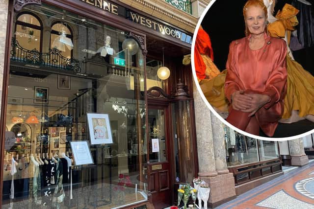 Floral tributes left at the door of the closed Vivienne Westwood shop and, inset, Dame Vivienne pictured in 2004.