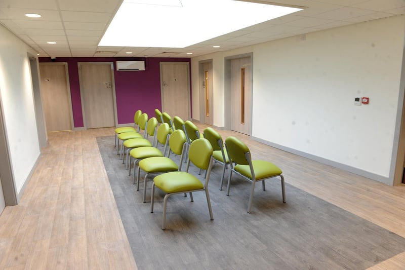 Patients can wait to be seen in this bright room.