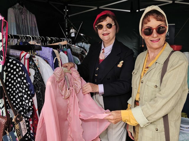Michelle Hollamby and Helen Smith browse some of the vintage clothing