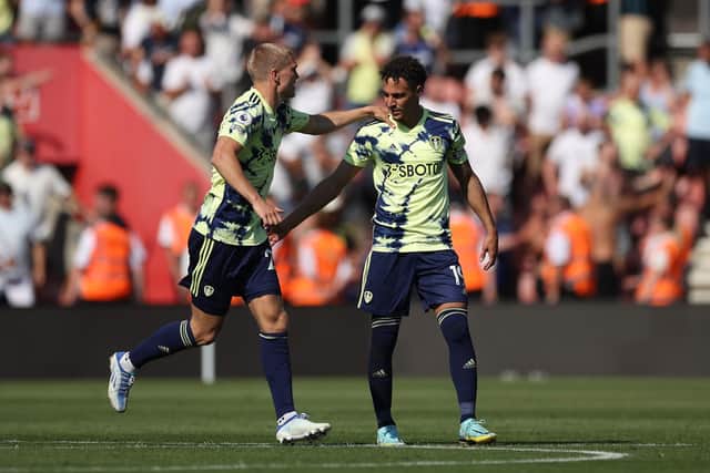 UP AND RUNNING: Rodrigo, right, is congratulated by Whites team mate Rasmus Kristensen after putting Leeds United 1-0 up at Southampton.
Photo by Eddie Keogh/Getty Images.