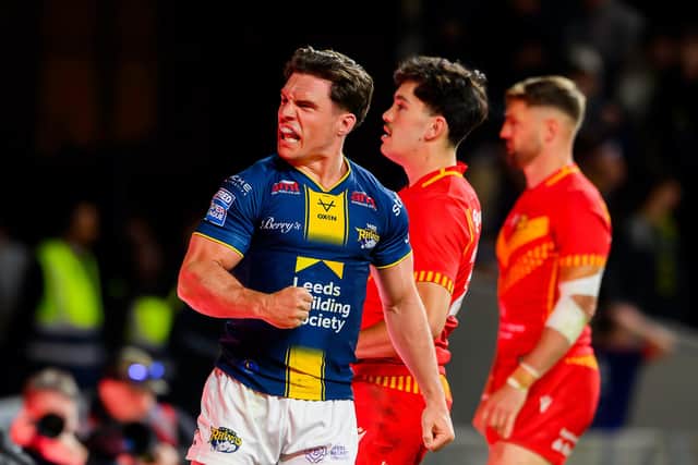 Brodie Croft celebrates after scoring for Leeds Rhinos against Catalans Dragons. Picture by Allan McKenzie/SWpix.com.