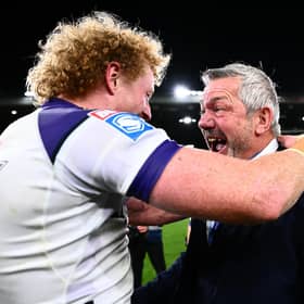 Coach Daryl Powell celebrates Wakefield Trinity's Grand Final win with Lachlan Walmsley. Picture by Olly Hassell/SWpix.com.