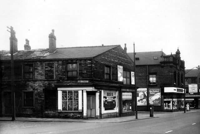 Busy B butchers on Wellington Street in May 1957, then Copley Hill Post Office with a post box outside.
