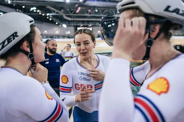 Great Britain’s Katy Marchant, Sophie Capewell and Emma Finucane celebrate winning gold at the Track Nations Cup in a golden 2024 for the team (Picture: alex Whitehead/SWpix.com)