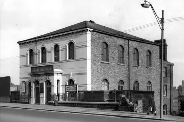 The Hunslet Baptist Tabernacle on Low Road pictured in March 1968. The foundation stone was laid in 1835 by Mr George Goodman, the original owner of the land on which the chapel was built. The church opened in 1837 and had extensions built in 1882-83, a plain structure of brick with a rendered front. The Hunslet Baptist Tabernacle is still in existence today.