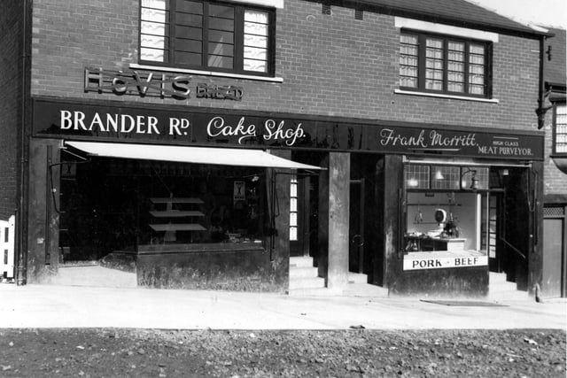 Brander Road Cake shop in March 1937 and the premises of Mrs L. Rudge. Next door is Frank Morritt, Butchers.