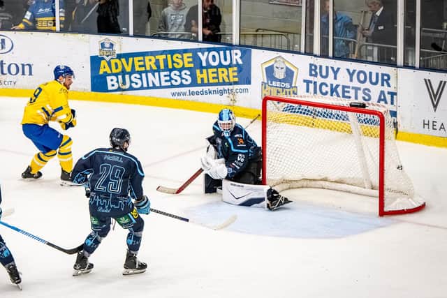 OPENING SALVO: Liam Peyton fires home to get the ball rolling for Leeds against Bristol at Elland Road Ice Arena on Sunday. Picture: Ben Gordon/Knights Media.