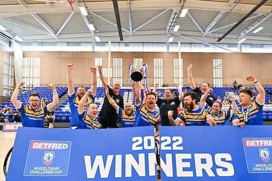 Rhinos celebrate their win over Catalans in last year's Betfred Wheelchair Challenge Cup final. Picture by Will Palmer/SWpix.com.