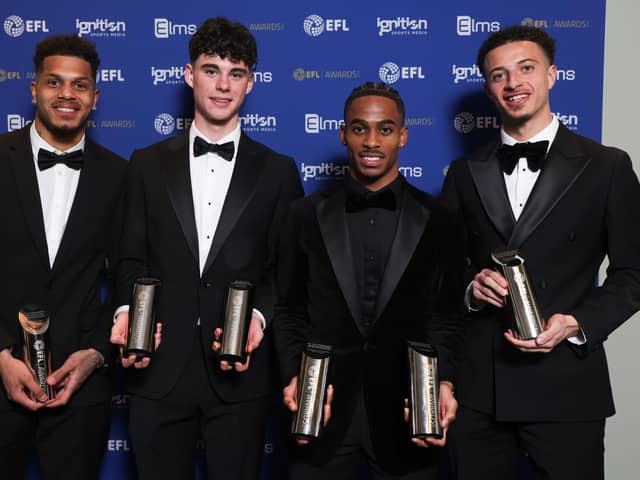 Georginio Rutter, Archie Gray, Crysencio Summerville and Ethan Ampadu of Leeds United with their awards at the EFL's 2024 ceremony at Grosvenor Hotel, London on Sunday April 14. Pic: Andrew Fosker/Shutterstock (14432108di)
