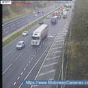 Two lanes have now reopened after being closed following a crash at Junction 27 heading westbound on the M62 shortly before 8am on November 20. Photo: motorwaycameras.co.uk.